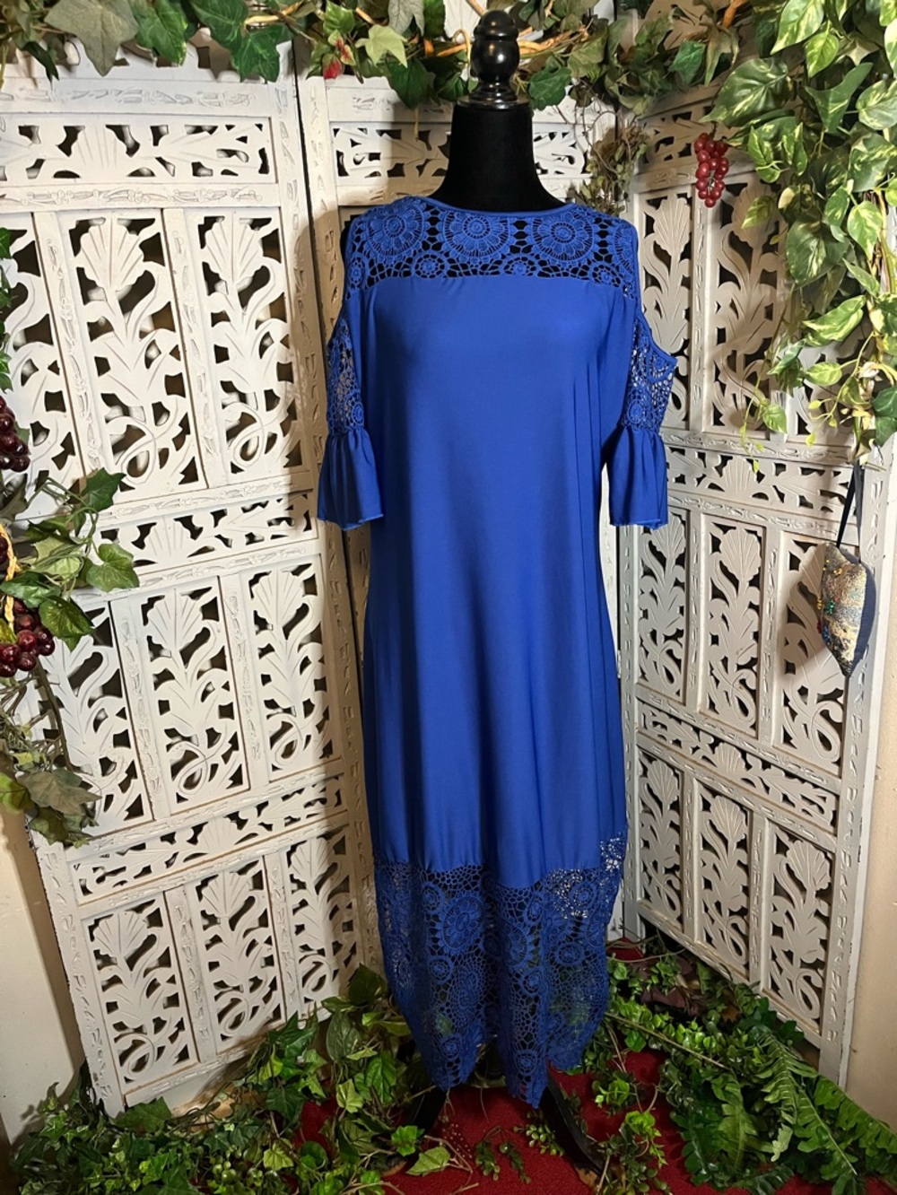 LOVELY VIBRANT BRIGHT ROYAL BLUE WITH CROTCHET LACE COLD SHOULDER MAXI DRESS